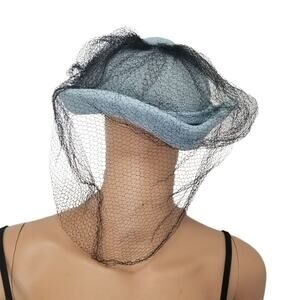 1940s Pointed Blue Hat with Long Black Veil Turned Up Brim Size 7 1/2 VINTAGE